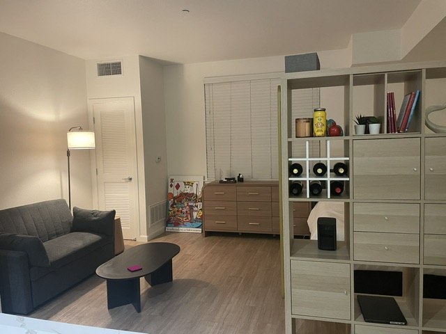 Furnished living room with sofa and shelving